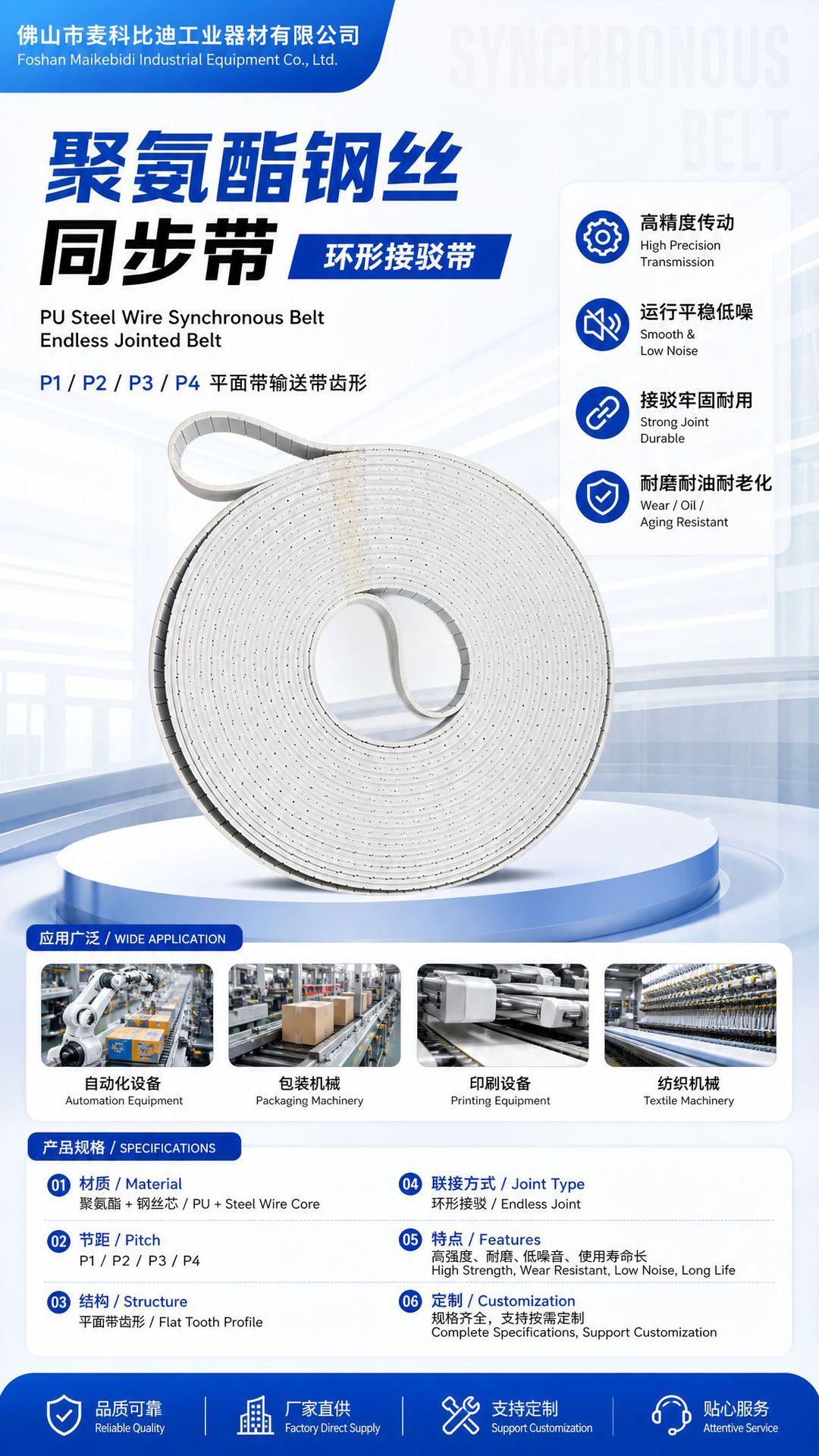 Polyurethane Steel Wire Timing Belt, Circular Connecting Belt, P1 P2 P3 P4 Flat Belt, Conveyor Belt Tooth Profile
