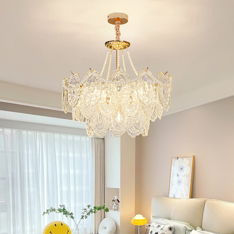 Red de sala de estar creativa luz roja viento de perla moderna crema simple lujosa francesa lámpara de vidrio del dormitorio cristal de atmósfera