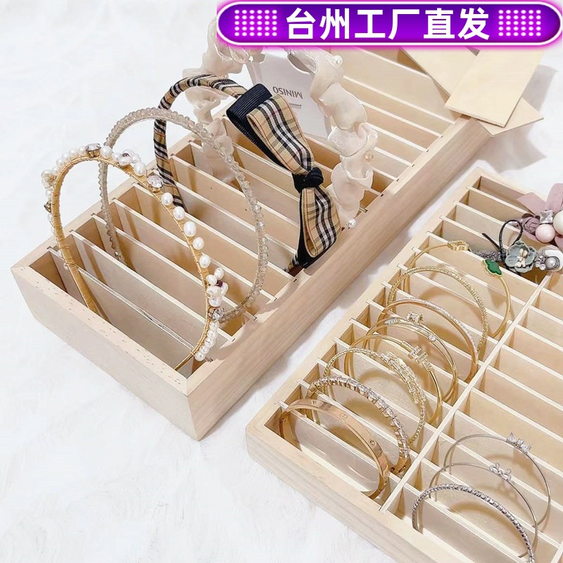 Solid Wood Jewelry Headband Bracelet Hair Clip Display Stand, Large-Capacity Desktop Storage Box with Detachable Tray, Jewelry Rack for Display