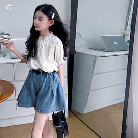 女童套装2025夏季新款韩系木耳边短袖牛仔短裤两件套甜美夏装薄款