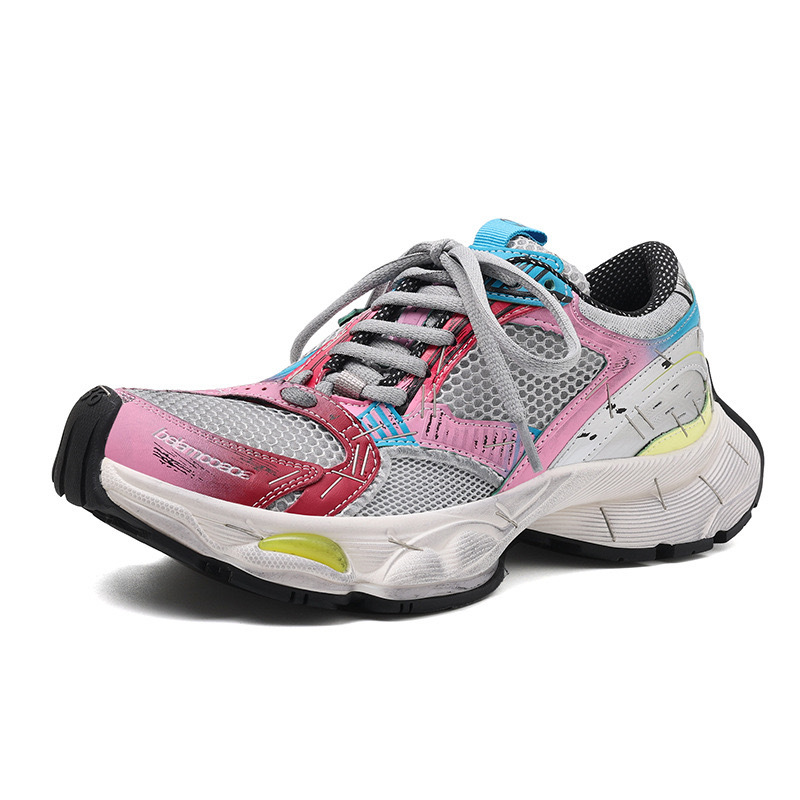 Edición de cuero de vaca ~ explosión de cuero parisino hecho vieja grapadora mostrando pies zapatos de papá de mujer zapatos deportivos casuales de suela gruesa