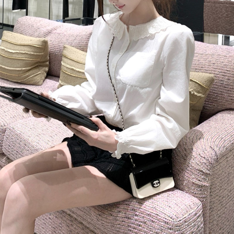 韩雨嘉Kyoto贵女法式蕾丝荷叶边白色衬衫女早秋针织半裙套装|undefined