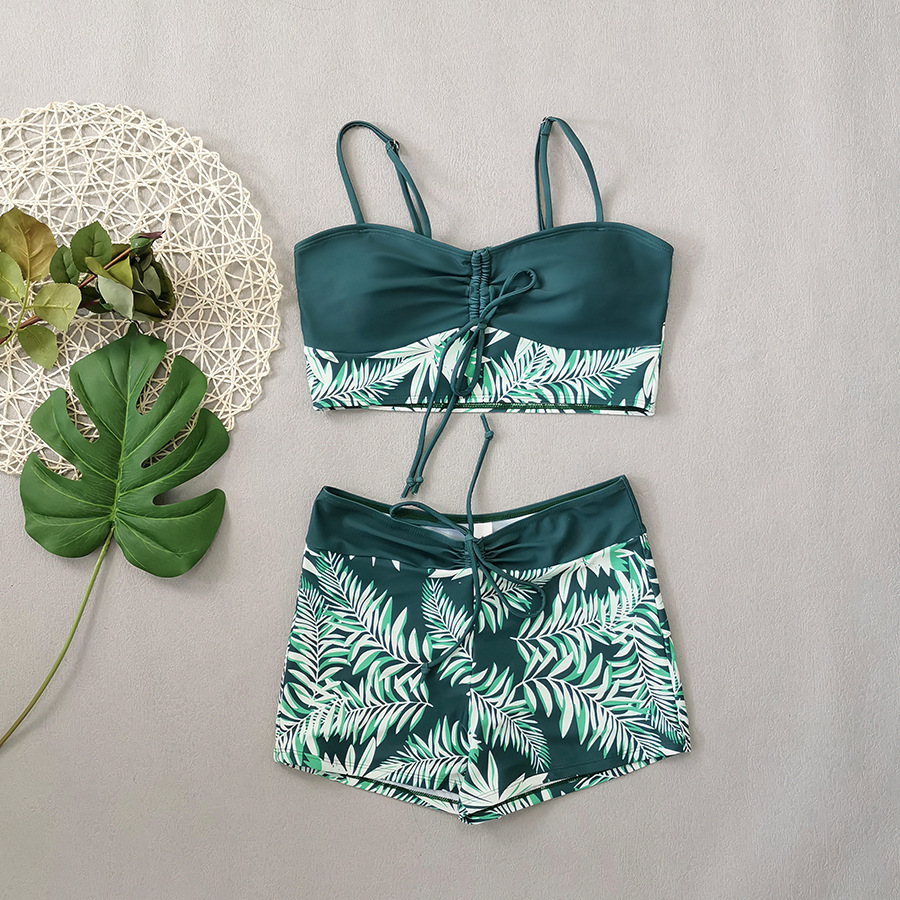 High Waist Lace up Print Swimsuit for Women Split Boxer Style Solid Color Splicing Design European American Foreign Trade 2024 Large Size_ecoleips.com