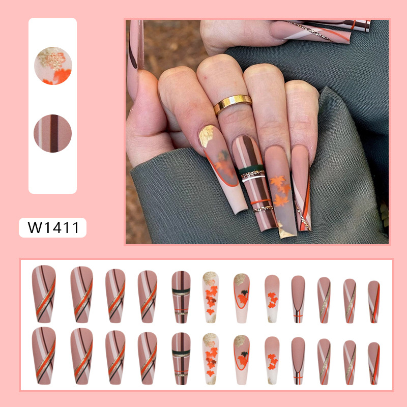 Chaud brun longue rayure de ballet feuilles Instagram vent automne élégant blanchiment faux fini amélioration des ongles_voghion.com