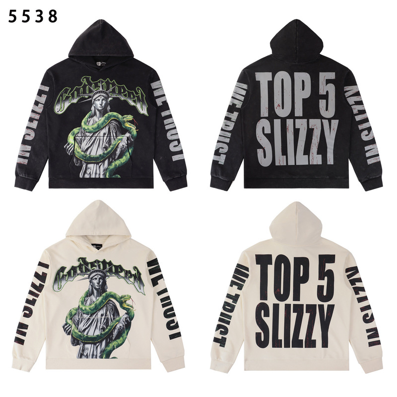 Trendy Rock Street Style Retro Washed Vintage Hoodie with a Print Featuring the Statue of Liberty and Snake Elements Trendy Rock Street Style Retro Washed Vintage Hoodie with a Print Featuring the Statue of Liberty and Snake Elements