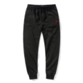 Black pants with red label