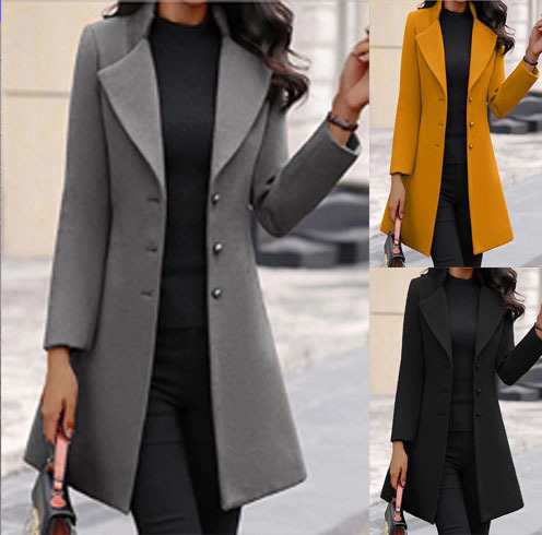 (Cross-border trading), demi-season long fitted jacket, solid color woolen coat, European style, Korean style