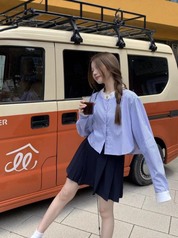 条纹长袖衬衫女春秋季防晒休闲宽松短款外套慵懒风高质量跨境批发|undefined