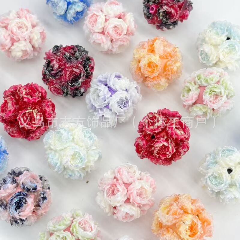Cross-Border Heavy-Duty Dual-Color Glitter Clay Soft Peony Straight-Hole Flower Ball DIY Beaded Pen Phone Chain Keychain Accessories