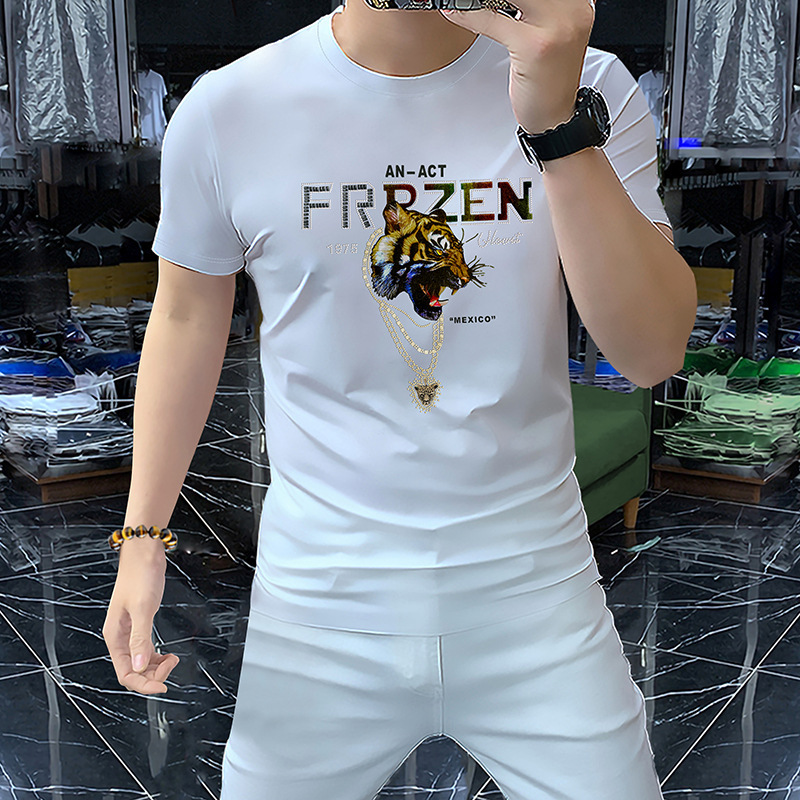Men's short-sleeved T-shirt European version fashion men's half-sleeved round neck shirt thin mercerized cotton hot diamond Tiger head summer New