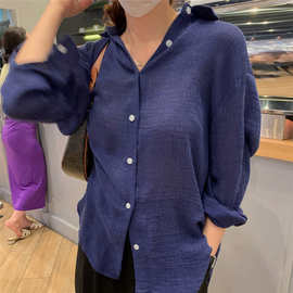 C088-蓝色衬衫女2023年春夏新款女装别致衬衣上衣设计感小众港风