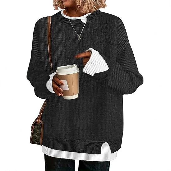 In-Stock New European and American Style Amazon Cross-Border Double-Layer Fake Collar Sweater Knit Pullover Loose Fit