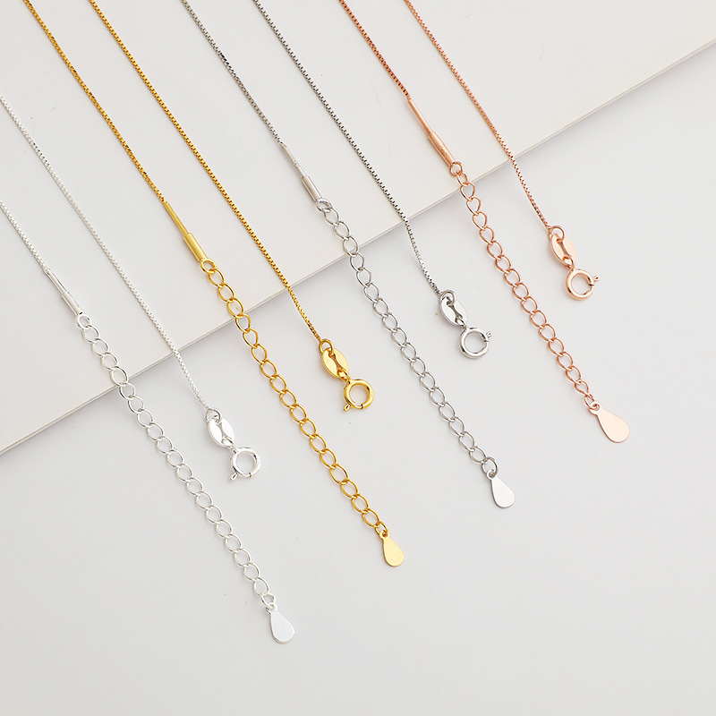 925 Pure Silver Box Chain DIY Clavicle Necklace Single Chain Bare Chain Heartbeat Needle Chain Screw Clasp Necklace with TAIL Chain