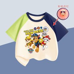 男の子と女の子のライトアップ半袖Tシャツ、中型および大型の子供用パウパトロール夏の漫画パターンラグランスラブカジュアルコットントップ