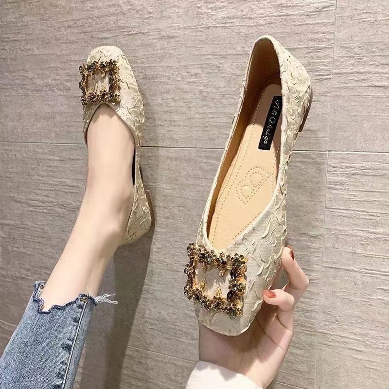 黑色方头浅口单鞋女2024新款春秋百搭豆豆瓢鞋仙女风平底晚晚鞋潮