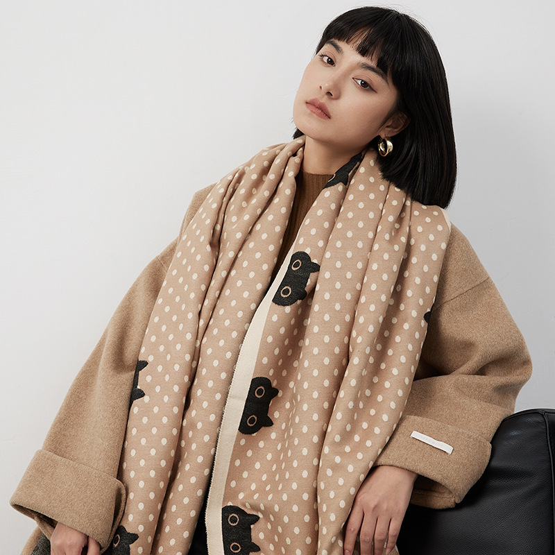 Minimalistischer Tupfendruck für Damen im Herbst und Winter, Schal aus Kaschmirimitat im Western-Stil, Cartoon-Katzenkopf_voghion.com
