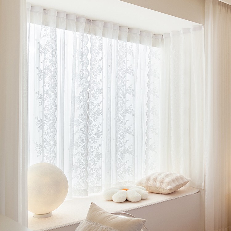No-Drill Installation French Lace Curtains for Bedroom Bay Window Partition, White Sheer Curtains, Wardrobe Curtains, Magic Tape Door Curtains