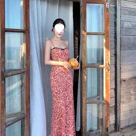 微醺朗姆 ***蕾丝撞色碎花吊带长款连衣裙女夏修身显瘦图片色扎染