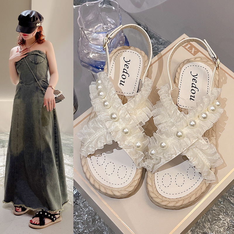 Summer New Sandals plus size Flat Cross Lace Beaded Hollow Beach Shoes Foreign Trade Women's Slippers sandals