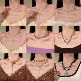 韩版新款十字架项链女 甜酷辣妹重工珍珠锁骨链小众个性花朵项饰