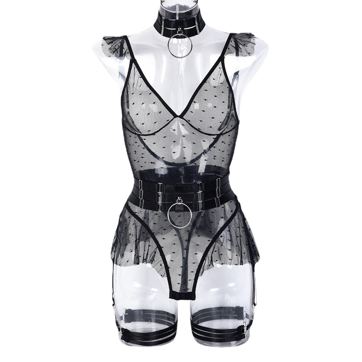 Europa y América sexy 5-piezas conjunto AliExpress ins invierno malla costura mono con gran Halter cintura sello pierna anillo 3297