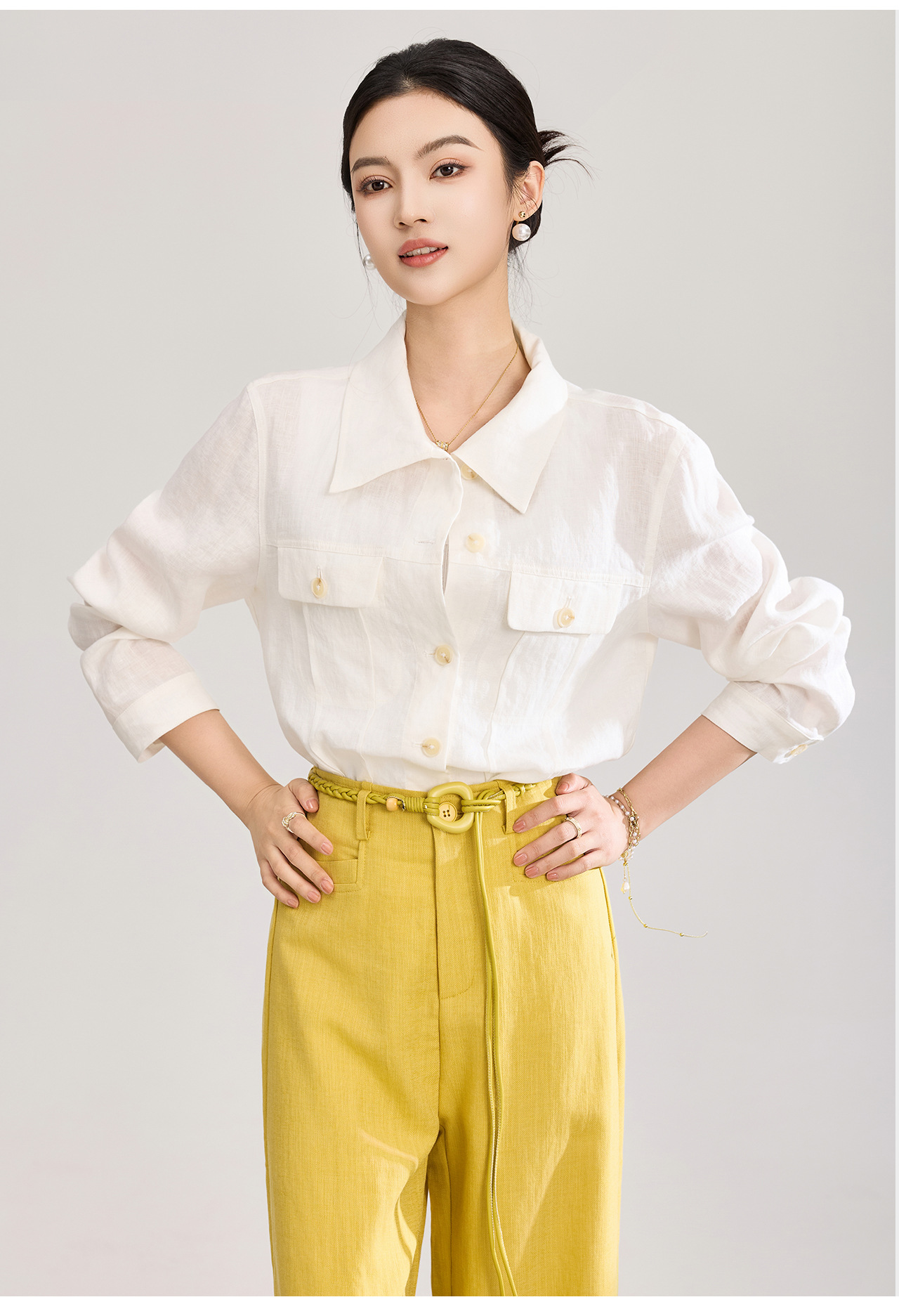 Áo sơ mi nữ linen phong cách Old Money hai túi xếp ly kiểu công nhân — màu cam chi tiết 12