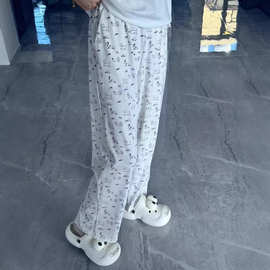 跨境 冰丝阔腿裤女2024秋季薄款爱狗狗印花宽松垂感直筒休闲裤子