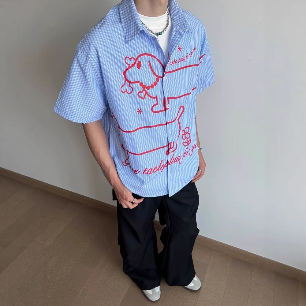 American retro striped short-sleeved shirt, new summer style for men and women, fun puppy print, loose and casual couple shirt.