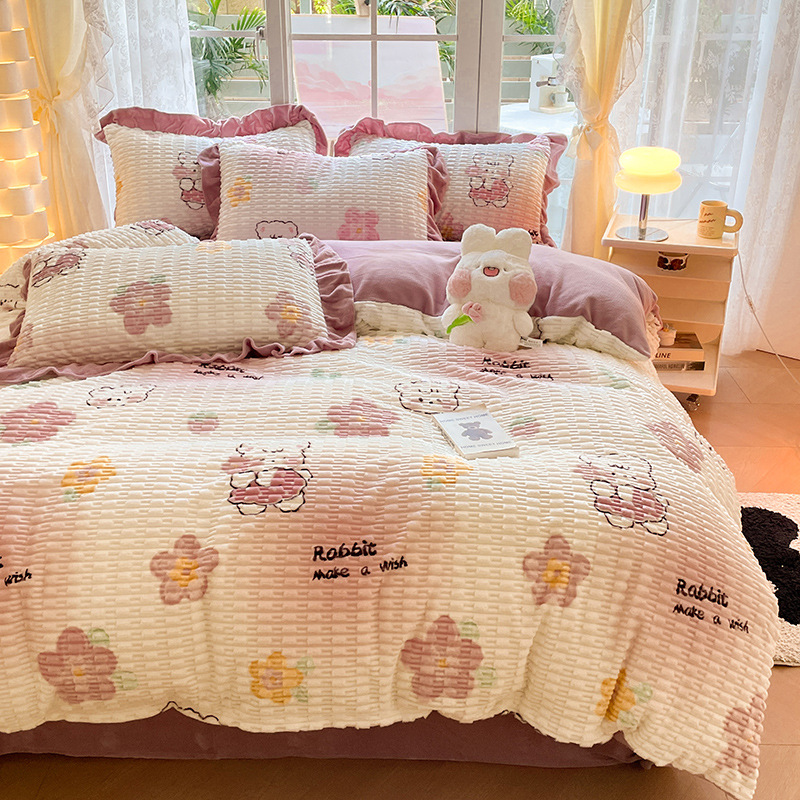 New Beanie Velvet Winter Three-Piece and Four-Piece Quilt Cover Flannel Fleece-Lined Milk Velvet Bed Sheets Single Bedding
