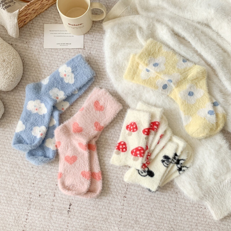 Cartoon Mushroom Flower Mink Velvet Socks Women's Autumn and Winter Warm Cute Mao Mao Home Floor Socks Moon Sleep Socks