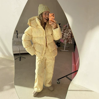 跨境专供2026冬季新款女时尚绗线中长款印花棉服外套抽绳长裤套装