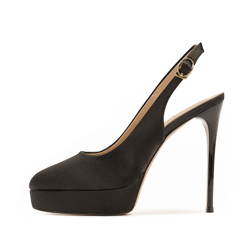 Giày cao gót satin đen mũi nhọn hở gót, gót 12 cm — Satin đen-12cm