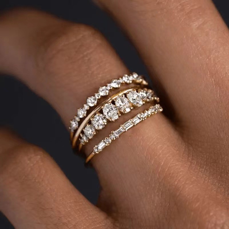 Hongdi Factory European and American Light Luxury High-End Geometric Rings, Shiny Fashion Rings, Four-Piece Set for Engagement and Wedding Jewelry