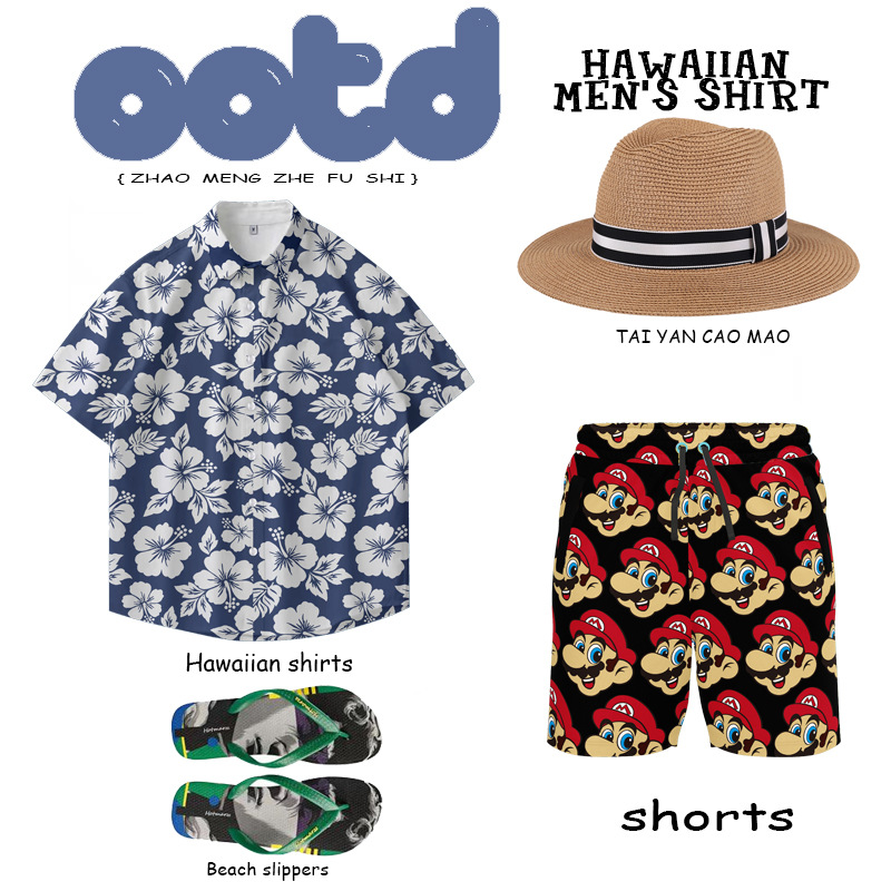 Men's Hawaiian shirt Short-sleeved floral button-up flower shirt men's tropical summer beach pants camping suit men and women