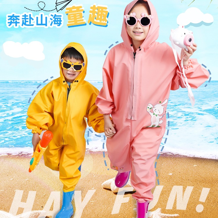 Children's Water Play Full-Body Jumpsuit, Waterproof Raincoat and Rain Boots Set, Catching Fish in the Sea, Kindergarten Sand Play Suit