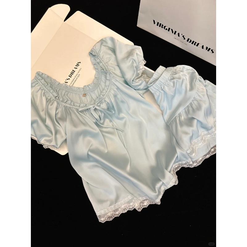 バレエスタイル 2025 優しい純粋な欲望アイスシルクスプライシングパジャマ女性の夏の新しいスーツクールホーム服 2 点セット|undefined