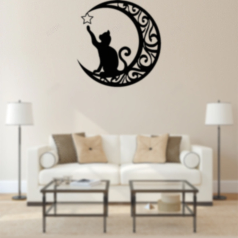 Metal silhouette cat and moon home wall hanging wall decoration iron living room sofa decoration photography window props