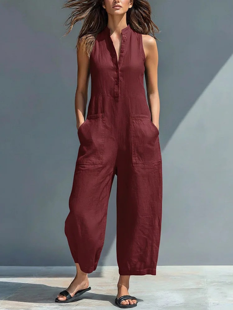 Women's Casual Sleeveless Stand Collar Jumpsuit With Pockets_voghion.com