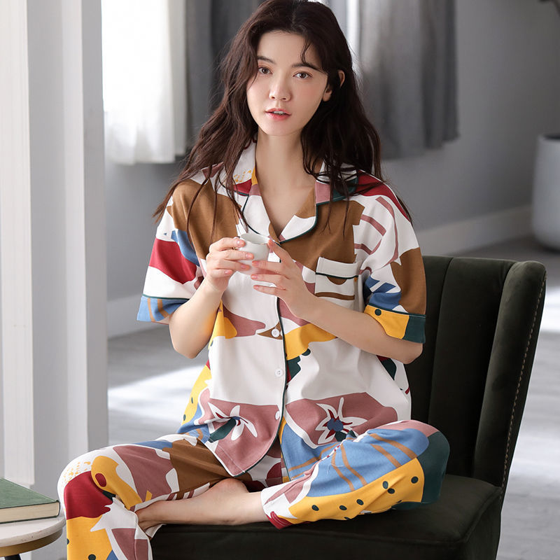 Pijamas mujer primavera y verano fino 100% algodón traje de dos piezas verano Pantalones de manga corta se puede usar fuera más tamaño homewear