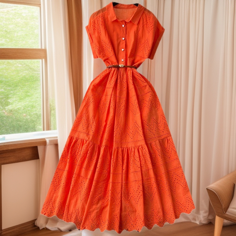 Foreign Trade Niche Design Buttoned Loose Lace-Up Long Dress for Women Summer Waist Pleated Shirt Collar Splicing Foreign Trade Niche Design Buttoned Loose Lace-Up Long Dress for Women Summer Waist Pleated Shirt Collar Splicing