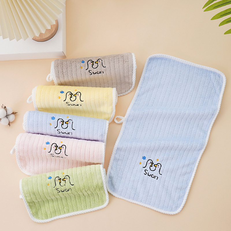 Manufacturer Customized Little Swan Coral Velvet Children's Towel, Cute Embroidered Face Towel, Kindergarten Baby Absorbent Square Towel