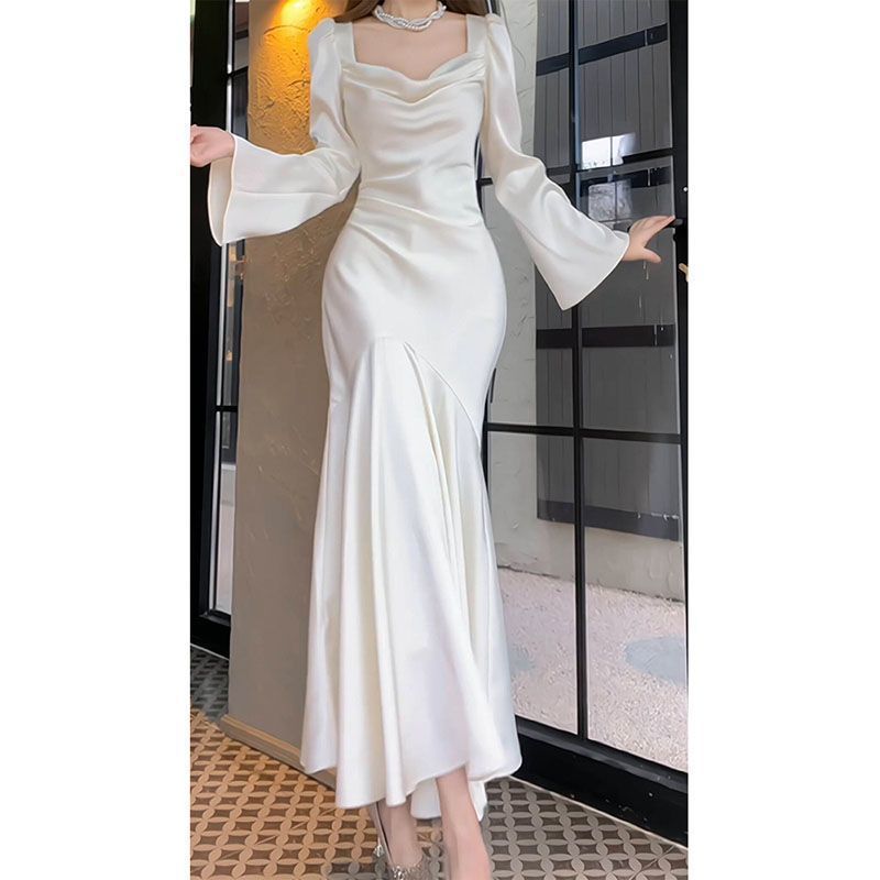 Heavy-Duty Evening Dress 2026 New Style Fishtail Satin Elegant Banquet Socialite Host Student Long-Sleeved Dress