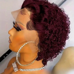 Deep 99J Elf Curly Hair Real Hair Set 13x 1 Lace Pixie Cut Wig Human Hair