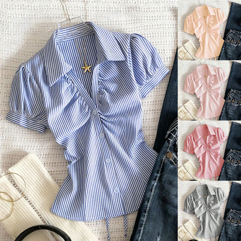 European and American Cross-Border Women's Fashion Pleated Design Striped Shirt Summer New Sweet and Spicy Versatile Short-Sleeve Top 260379 European and American Cross-Border Women's Fashion Pleated Design Striped Shirt Summer New Sweet and Spicy Versatile Short-Sleeve Top 260379