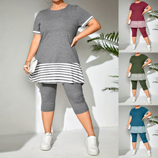 European and American Plus Size Women's Clothing 2025 Spring New Amazon Aliexpress Independent Station Two-Piece Short-Sleeved Shorts Set