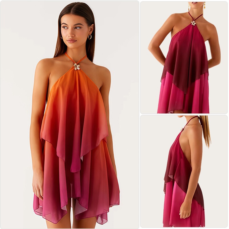 Elegant Halter Neck Dress for Women 2025 Autumn New Style Personalized Mesh Gradient Color Halter Neck Loose Dress Elegant Halter Neck Dress for Women 2025 Autumn New Style Personalized Mesh Gradient Color Halter Neck Loose Dress