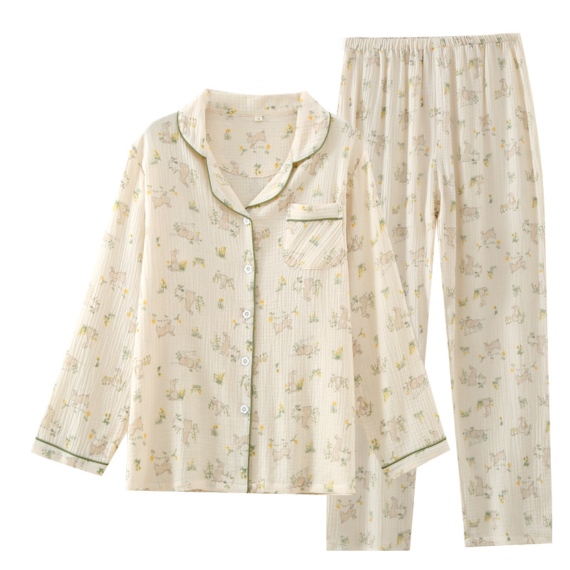 Women's Spring and Autumn pajamas cotton casual loose long-sleeved crepe long-sleeved lapel home wear two-piece loose cardigan