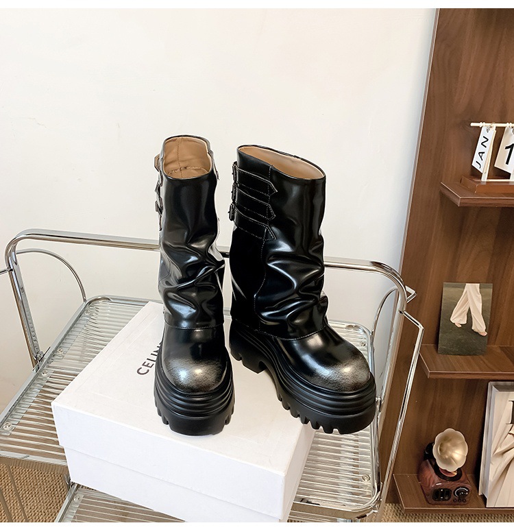 Boot nữ cổ cao ôm bắp chân đế xuồng da thật phong cách cưỡi ngựa khóa dây — Lớp lót đơn màu trắng nhạt 12cm, Lớp lót đơn màu nâu 15cm, Màu đen đơn 12cm, Lớp lót nhung màu nâu 12cm chi tiết 19