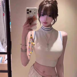 38-7138辣妹性感半高领无袖小背心女气质修身显瘦露脐短款小上衣