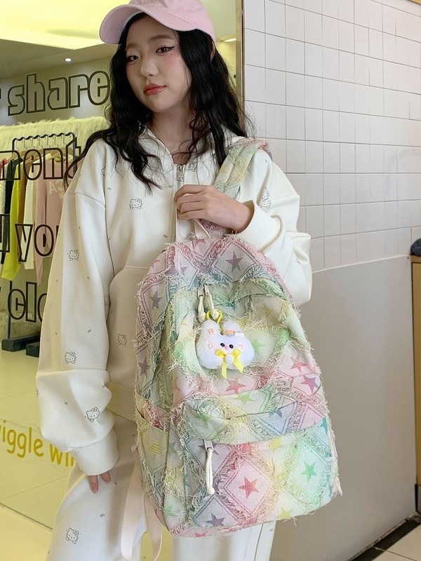 見栄えの良いカレッジ多用途女子学生スターバックパックドーパミンカラーチェック柄大容量かわいいスクールバッグ|undefined